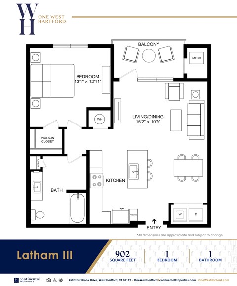 Floor plan for 1 bed, 1 bath, 902 sqft